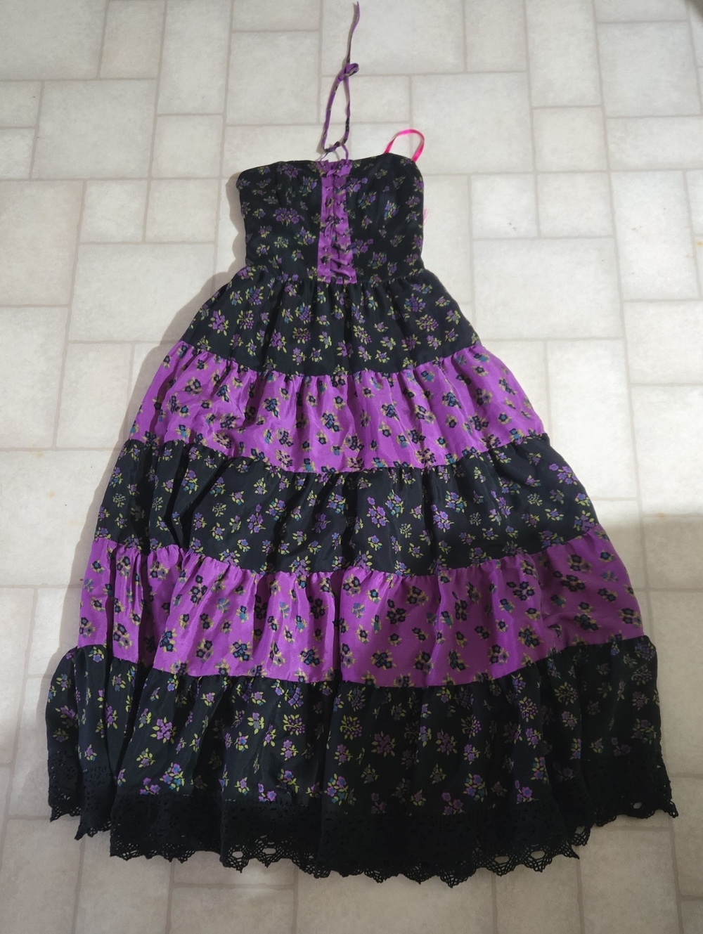 Betsey Johnson ' Purple and Black Tiered Floral Dress Sz 2